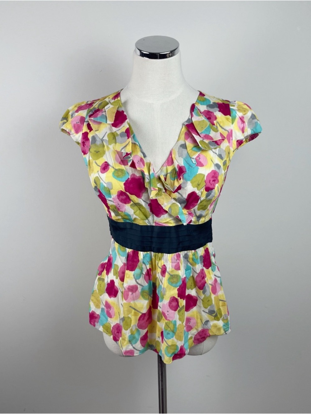 Odille Anthropologie Yellow Red Black Floral Ruffle Blouse Top Women New Size 4